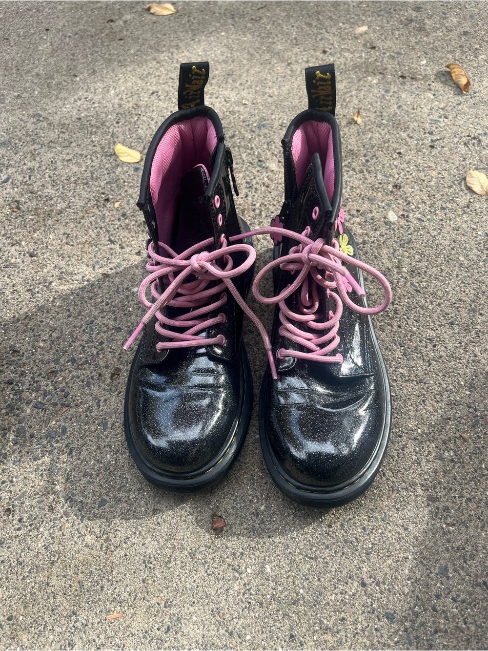 Dr. Marten’s Kids Black Glitter Lace-Up Boots with Pink Accents Size 4